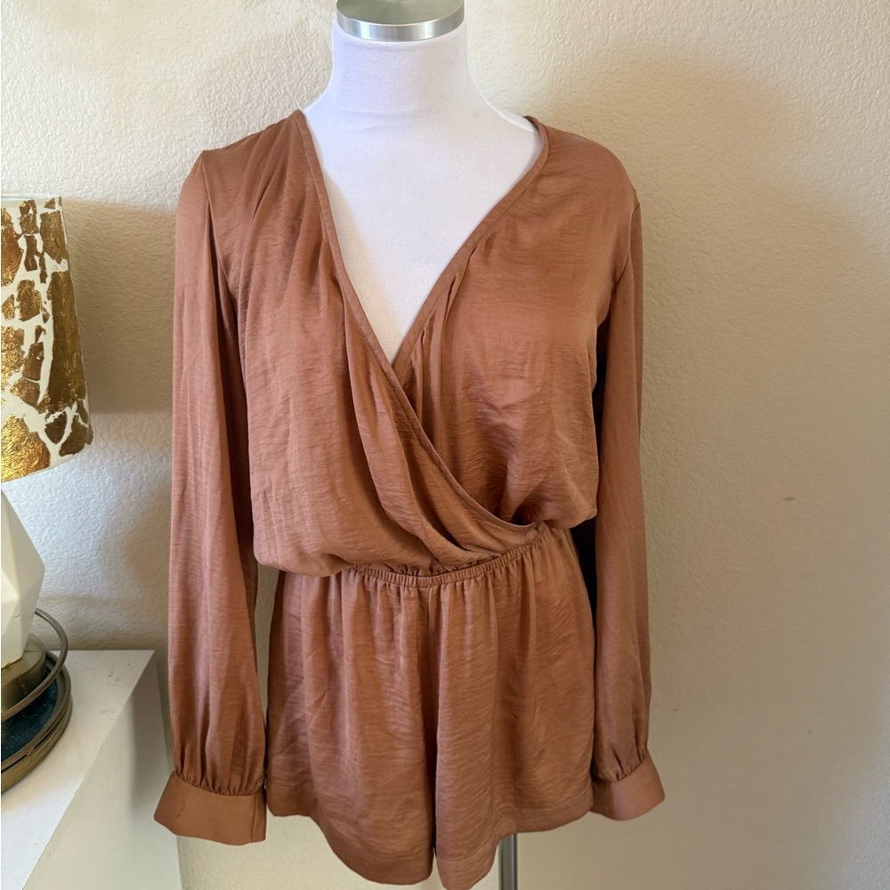 Vintage Rust Brown Long Sleeve Surplice Jumpsuit Romper